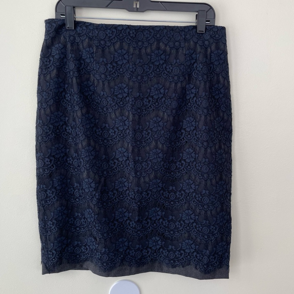 Les Copains Navy Blue Eyelash Lace Over Virgin Wool Pencil Skirt IT 50
